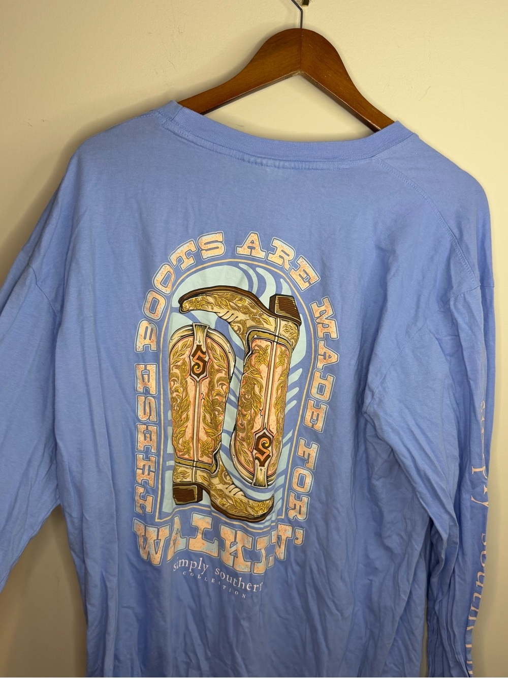 Simply Southern Light Blue Long-Sleeve Tee with Western Boot Graphic